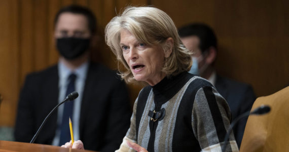 Sen. Lisa Murkowski, R-Alaksa, questions Commerce Secretary Gina Raimondo during a Senate Appropriations Subcommittee on Commerce, Justice, Science, and Related Agencies hearing on expanding broadband access, Tuesday Feb. 1, 2022, on Capitol Hill in Washington. (Sarah Silbiger/The New York Times via AP, Pool)