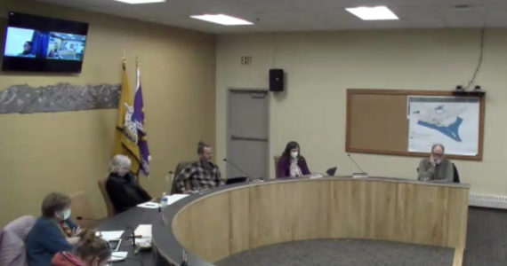 Homer Mayor Ken Castner, far right, and members of the Homer City Council meet on Monday, March 14, 2022, in the Cowles Council Chambers, Homer City Hall, in Homer, Alaska. (Screenshot)