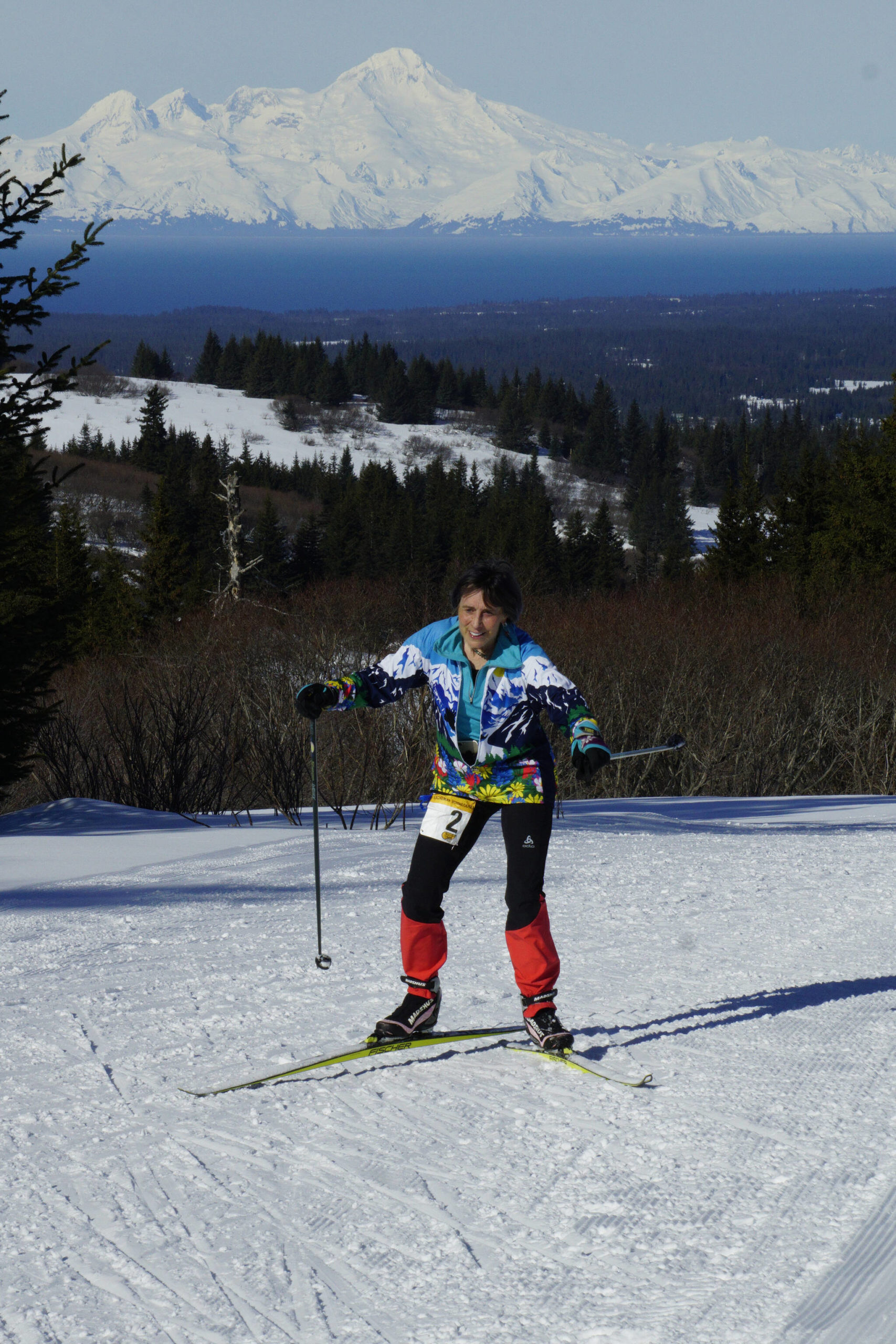 Margaret Spencer of Anchorage makes her way up a hill on Diamond Ridge while competing in the 42-km Kachemak Marathon on Saturday, March 19, 2022, in Homer, Alaska. (Photo by Michael Armstrong/Homer News)