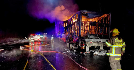 Cooper Landing Fire and Emergency Medical Services respond to a trailer fire on Tuesday, April 26, 2022, near Mile 38 Seward Highway near Cooper Landing, Alaska. The fire destroyed the trailer carrying U.S. Mail from Anchorage to the Southern Kenai Peninsula. (Photo courtesy of Cooper Landing Fire and EMS)