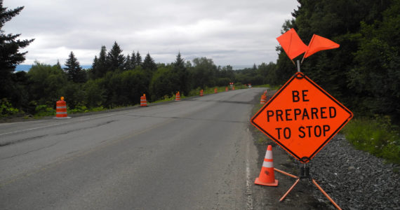 Sign indicating upcoming construction on East Hill Road on Monday, July 25, 2022, in Homer, Alaska. (Photo by Charlie Menke/Homer News)