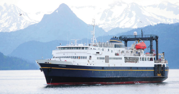 The state ferry M/V Tustumena pulls into the Homer Harbor on Monday, June 8, 2020 in Homer, Alaska. (Photo by Megan Pacer/Homer News)