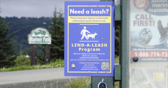 Leashes to lend hang from a kiosk at Mariner Park on Friday, Aug. 12, 2022, in Homer, Alaska. (Photo by Michael Armstrong/Homer News)