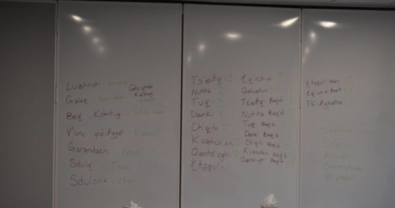 Dena’ina language relating to common classroom items is written on a white board at the Kahtnuht’ana Duhdeldiht Campus in Kenai, Alaska, on Thursday, Sept. 1, 2022. (Jake Dye/Peninsula Clarion)