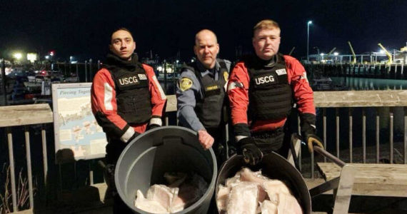 U.S. Coast Guard courtesy photo

Two crewmembers from Coast Guard Cutter Naushon and a member from the National Oceanic and Atmospheric Administration Office of Law Enforcement (NOAA OLE) pose for a picture with allegedly illegally-retained halibut in Homer, Alaska, Wednesday, Nov. 30, 2022. While conducting a boarding of a commercial fishing vessel, a Cutter Naushon boarding team member discovered a total of 117 pounds of illegally-retained halibut aboard the vessel and handed them over to NOAA OLE representatives in Homer.