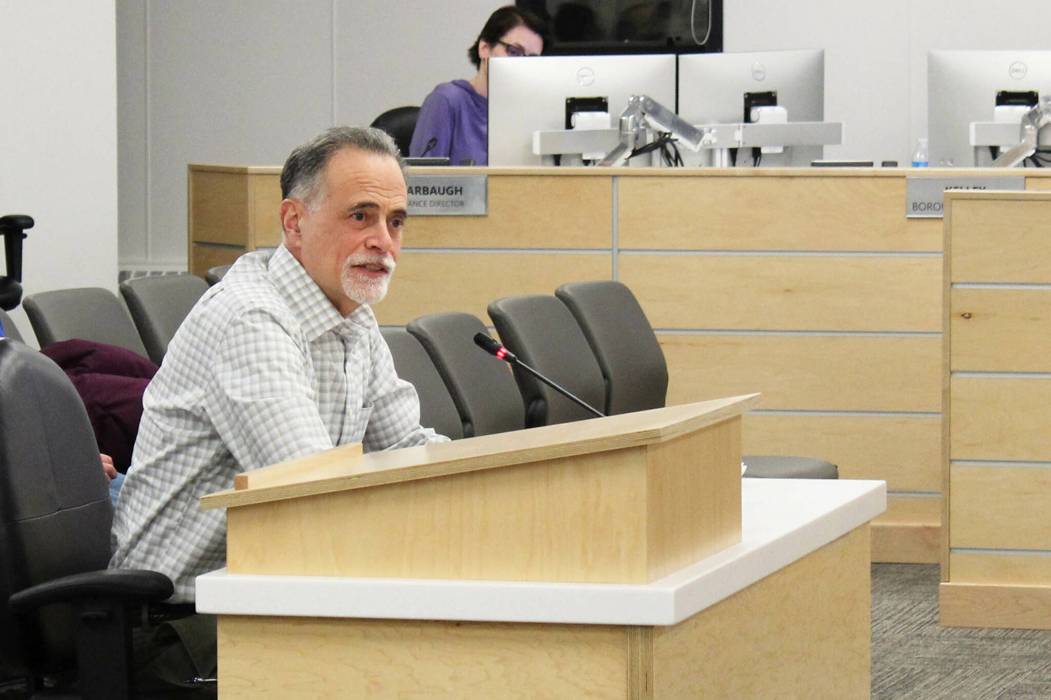 Kenai Peninsula Borough Mayor-elect Peter Micciche testifies before the Kenai Peninsula Borough Assembly during a meeting on Tuesday, Feb. 21, 2022 in Soldotna, Alaska. (Ashlyn O'Hara/Peninsula Clarion)