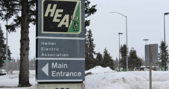 The sign in front of the Homer Electric Association building in Kenai, Alaska as seen on April 1, 2020. (Photo by Brian Mazurek/Peninsula Clarion)