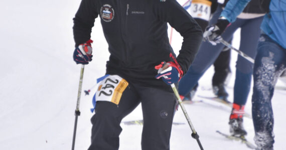 Photos by Erin Thompson/Peninsula Clarion
Homer’s Stephanie Schmit skis to victory in the 25-kilometer women’s race at the Kachemak Nordic Ski Marathon outside of Homer, Alaska, on Saturday, March 18, 2023.