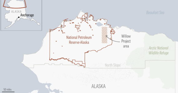 A map shows the location of the Willow oil field project in the National Petroleum Reserve-Alaska, where more than 200 drills are scheduled to be drilled during a 30-year period if approved. (The Associated Press)