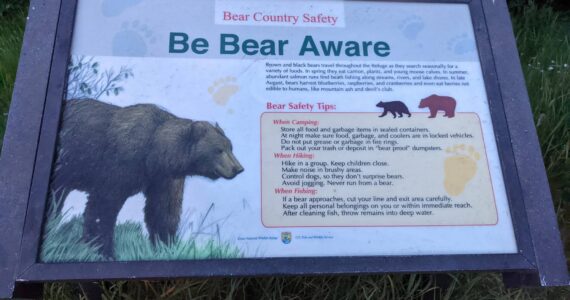 A sign offering tips on how to recreate safely around bears can be seen on Thursday, July 1, 2021, on Skilak Lake Road in the Kenai National Wildlife Refuge on the Kenai Peninsula, Alaska. (Photo by Erin Thompson/Peninsula Clarion)