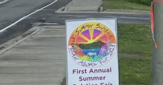 Sandwich board announcing Solstice Fair on June 21. (Photo by event coordinator Sage Anderson)