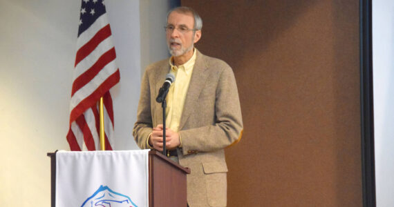 Larry Persily gives a presentation at the Kenai/Soldotna joint chamber luncheon on Wednesday, Feb. 6, 2019. (Photo by Brian Mazurek/Peninsula Clarion file)