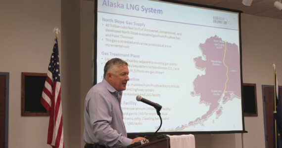 Alaska LNG Project Manager Brad Chastain presents information about the project during a luncheon at the Kenai Chamber Commerce and Visitor Center on Wednesday, July 6, 2022, in Kenai, Alaska. (Ashlyn O’Hara/Peninsula Clarion)