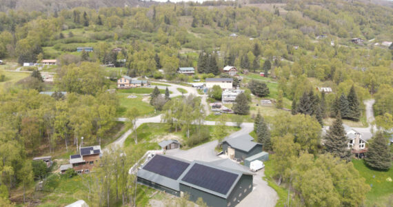 An aerial view of the Bear Creek Winery bottling works facility is seen in this June 2022 photograph after installation of the solar panel system by Midnight Sun Solar, LLC in Homer, Alaska. Photo provided by Alexander Sievers