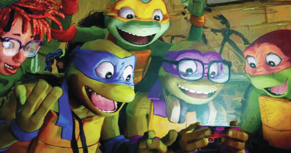 April O'Neil, Leonardo, Michelangelo, Donatello and Raphael gather around a cell phone in "Teenage Mutant Ninja Turtles: Mutant Mayhem." (Photo courtesy Paramount)