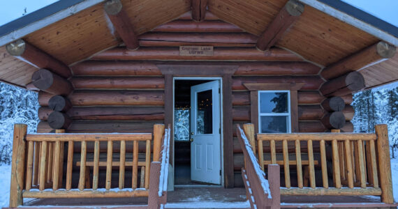 Engineer Lake Cabin can be seen in the Kenai National Wildlife Refuge on Nov. 21, 2021. (Photo by Erin Thompson/Peninsula Clarion)