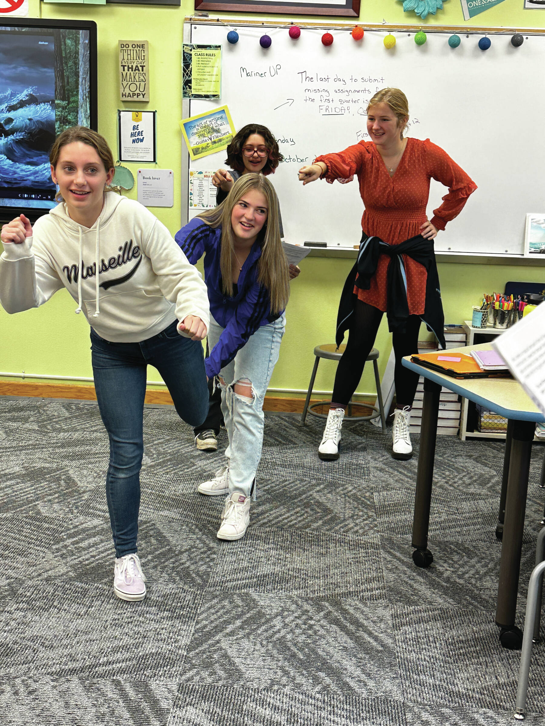 Students in Suzanne Bishop’s english class participate in a “Tempest” workshop with Sarah Brewer and Michael Selle on Monday. (Photo provided by Suzanne Bishop)