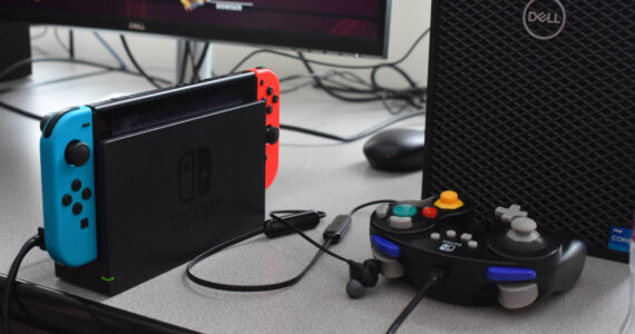 A Nintendo Switch and its controller are seen at Kenai Central High School in Kenai, Alaska on April 14, 2023. (Jake Dye/Peninsula Clarion)