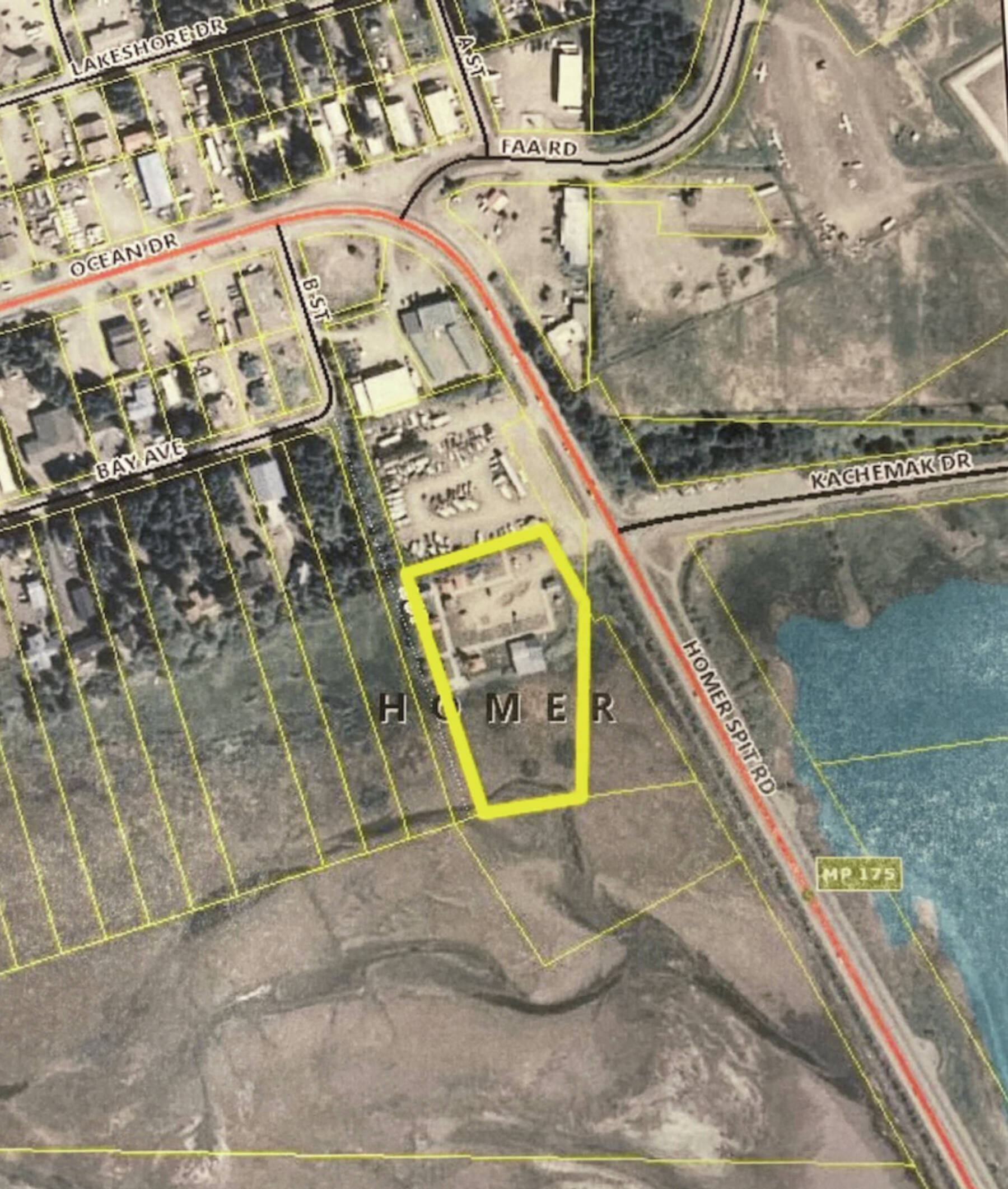 Front parcel of land at Lighthouse Village on Homer Spit Road purchased by Doyon Limited in March 2023. Image from the Kenai Peninsula Borough Assessing Department parcel viewer.