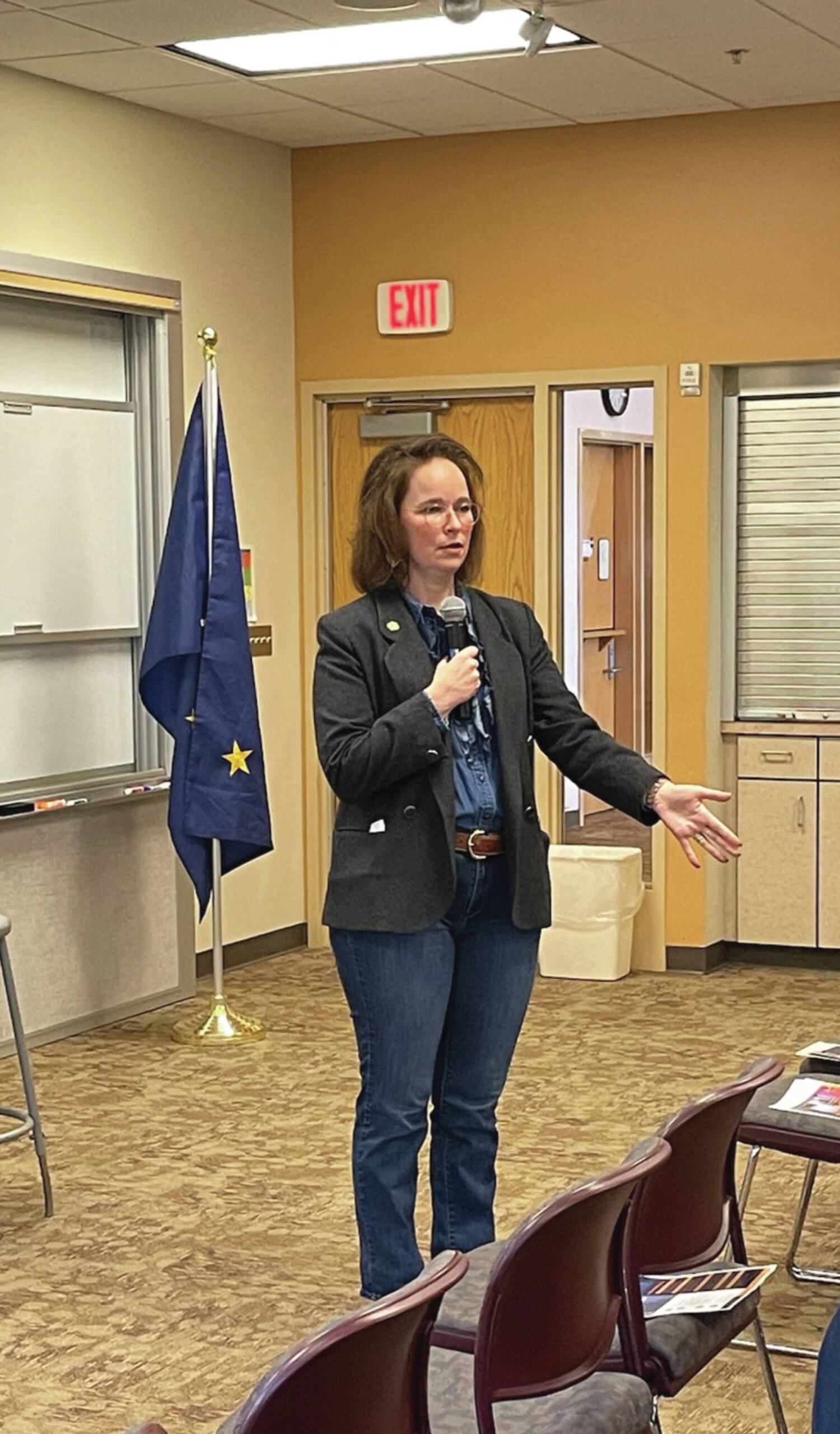 Representative Sarah Vance addresses Homer constituents about current legislative priorities, primarily SB 140, at a town hall meeting at Kachemak Bay Campus in Homer on Saturday, February 17, 2024. (Emilie Springer/Homer News}