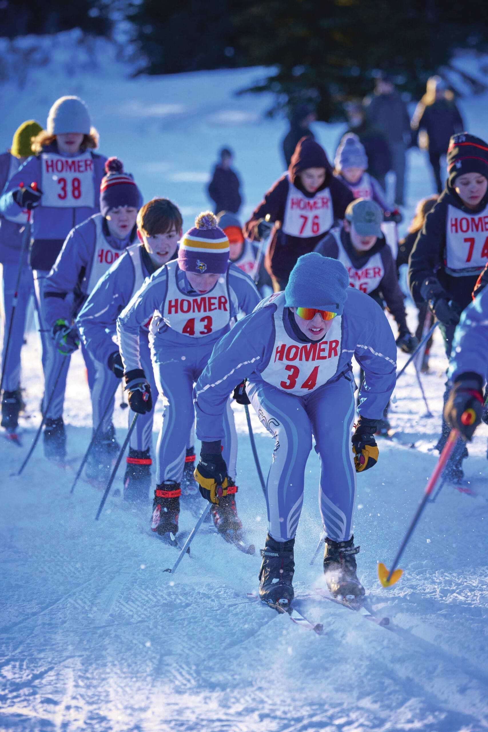 Homer Middle School boys line up at the start at the Ohlson Mountain ski trails on Thursday, Jan. 18, 2024 in Homer, Alaska. Photo provided by Christopher Kincaid