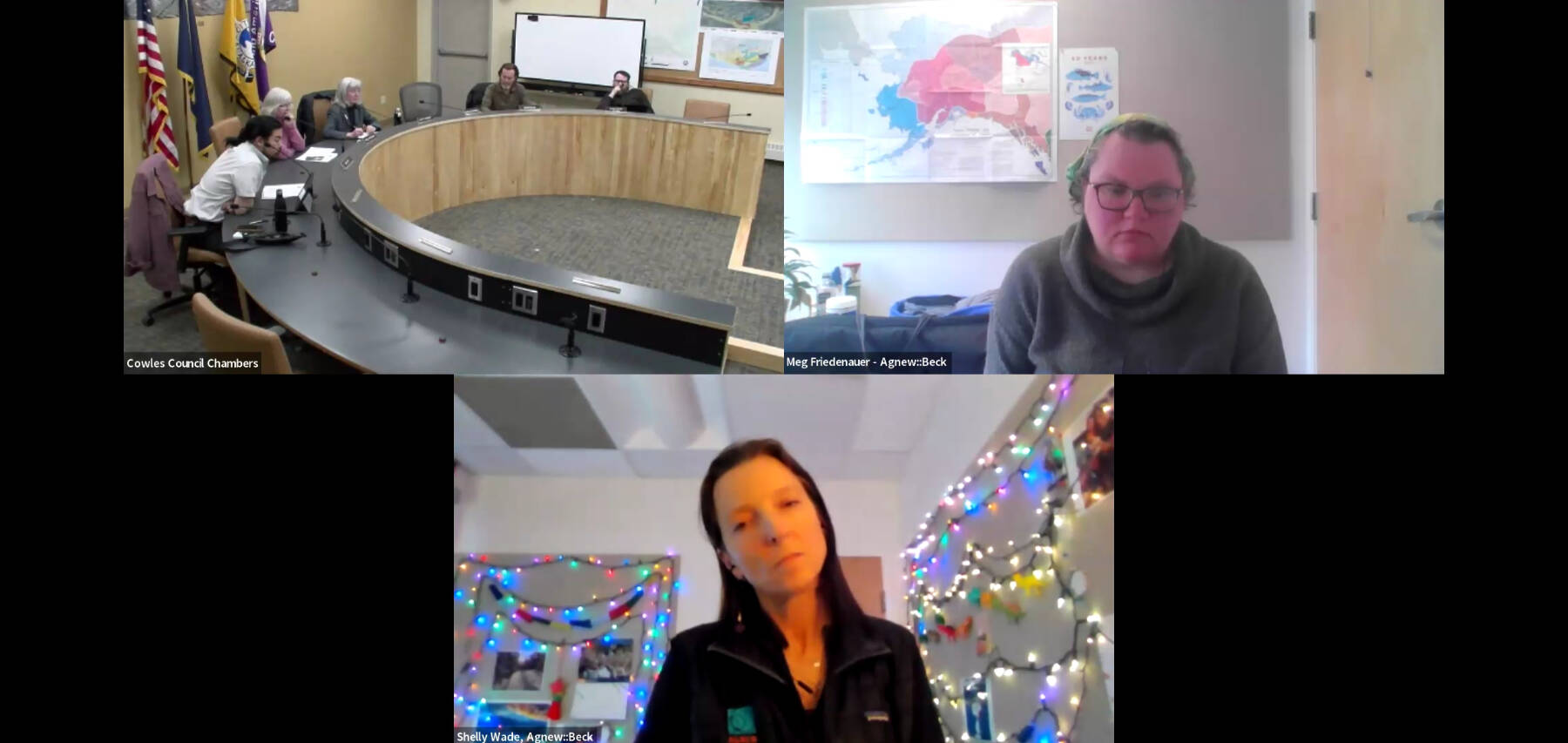 The Comprehensive Plan Steering Committee (top left) meets with Agnew::Beck consultants Shelly Wade (bottom) and Meg Friedenauer (top right) over Zoom on Monday, March 4, 2024 in Homer, Alaska. Screenshot.