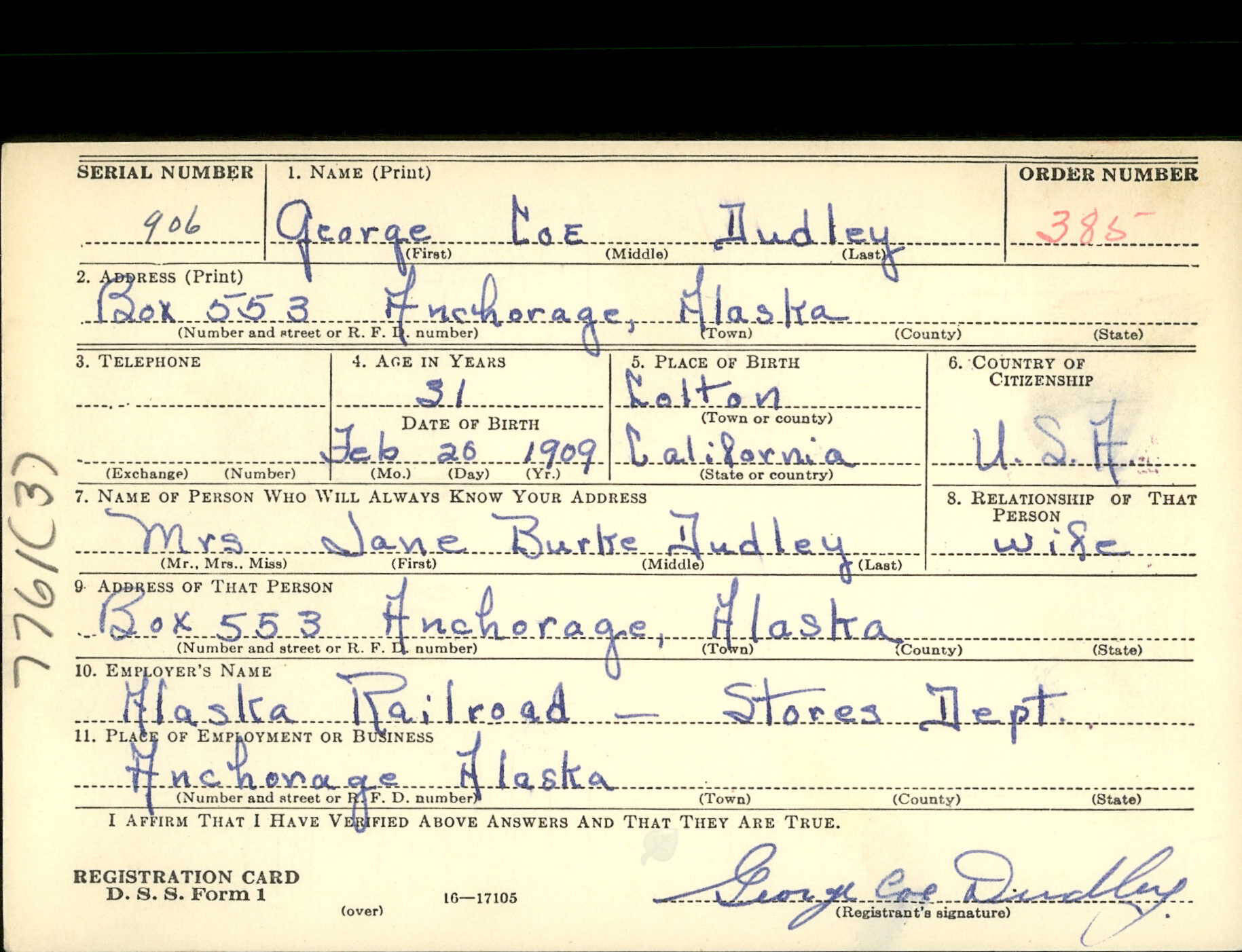 The front of George Coe Dudley’s 1941 draft-registration card bears his signature and shows him as a resident of Anchorage. By the 1950s, he was living on the Kenai Peninsula.