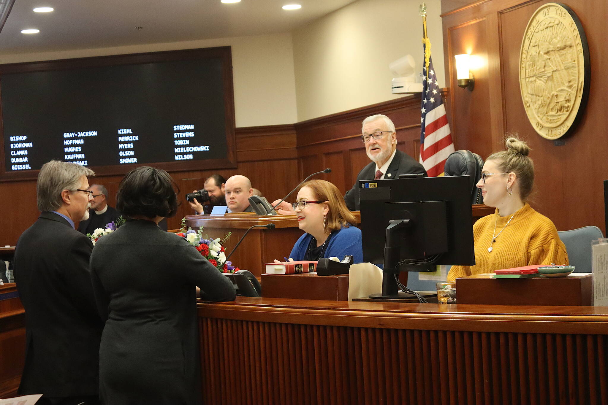 Senate President Gary Stevens, a Kodiak Republican, confers with other senators and legislative staff moments before gavelling in the start of this year’s legislative session at the Alaska State Capitol on Tuesday, Jan. 16, 2024. (Mark Sabbatini / Juneau Empire)