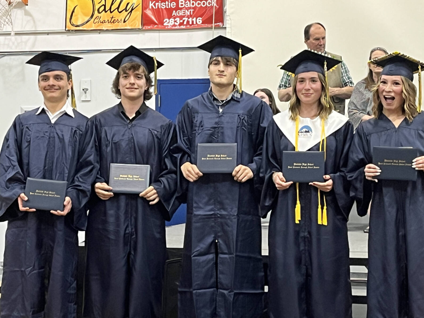 From left to right: Jachin Sanchez, Carter Lemons, Rowan Mahoney, Adelyn McCorison and Taylor Rickard graduated from Ninilchik School on Monday, May 13, 2024 in Ninilchik, Alaska. (Photo provided by Mattea) Peters-Williamson