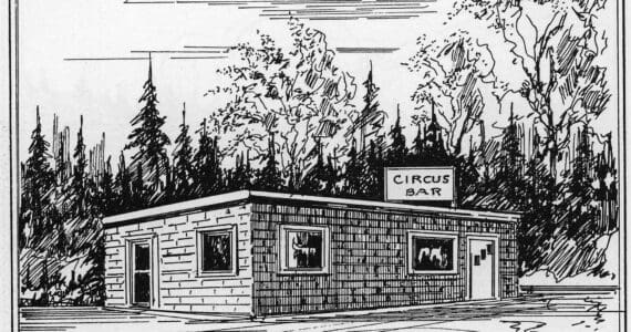 This 1961 drawing of the Circus Bar, east of Soldotna, was created by Connie Silver for a travel guide called Alaska Highway Sketches. The bar was located across the Sterling Highway from land that was later developed into the Birch Ridge Golf Course.