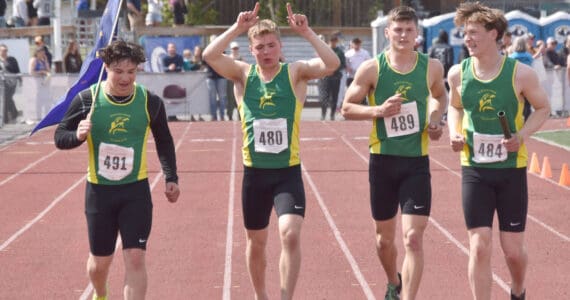 Seward’s Jerick Senecal, Ronan Bickling, Gideon Schrock and Emerson Cross won the 400-meter relay at the Division II state track and field meet Saturday, May 25, 2024, at Dimond High School in Anchorage, Alaska. (Photo by Jeff Helminiak/Peninsula Clarion)