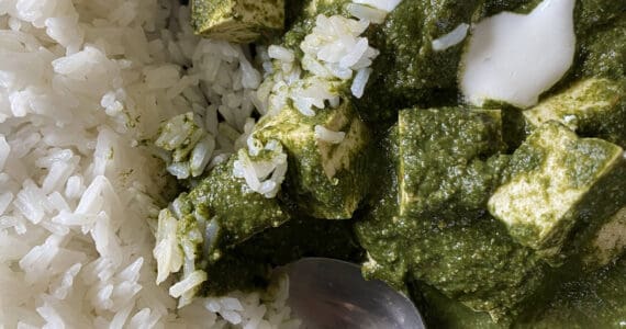 Palak tofu, served here with rice, is a vegan version of palak paneer. (Photo by Tressa Dale/Peninsula Clarion)