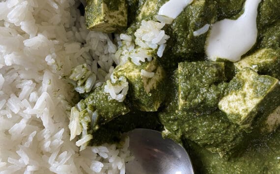Palak tofu, served here with rice, is a vegan version of palak paneer. (Photo by Tressa Dale/Peninsula Clarion)