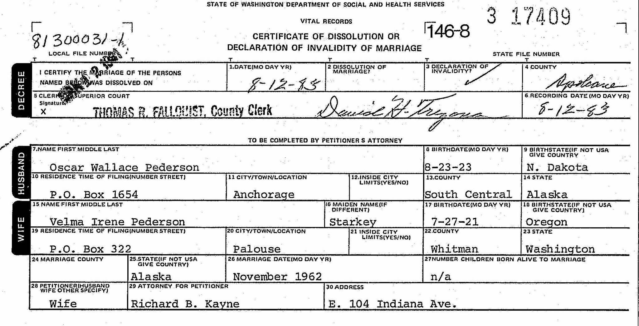 The 21-year marriage between Oscar and Velma Pederson was legally dissolved in August 1983 in Spokane County, Washington.