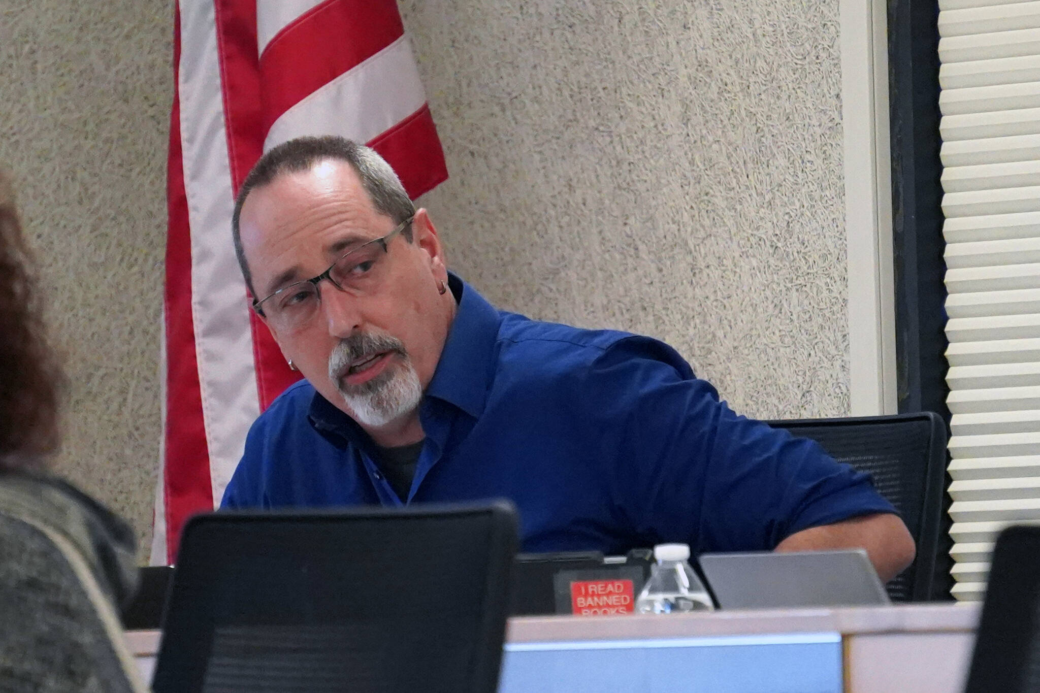 Zen Kelly, president of the board, speaks during a special meeting of the Kenai Peninsula Borough School District’s School Board in Soldotna, Alaska, on Monday, April 15, 2024. (Jake Dye/Peninsula Clarion)