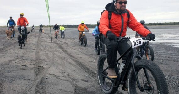 Ben Wishnek rides the Mouth to Mouth Wild Run and Ride on Monday, May 27, 2024, on the beach between the mouths of the Kasilof and Kenai rivers in Alaska. (Photo provided by Inletkeeper)