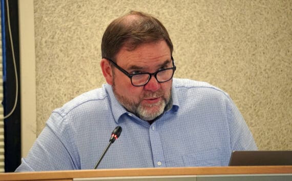 Kenai Peninsula Borough School District Superintendent Clayton Holland speaks during a meeting of the KPBSD Board of Education in Soldotna, Alaska, on Monday, June 3, 2024. (Jake Dye/Peninsula Clarion)