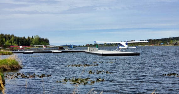 Float planes are docked on Beluga Lake on Tuesday, June 4, 2024 in Homer, Alaska. (Delcenia Cosman/Homer News)