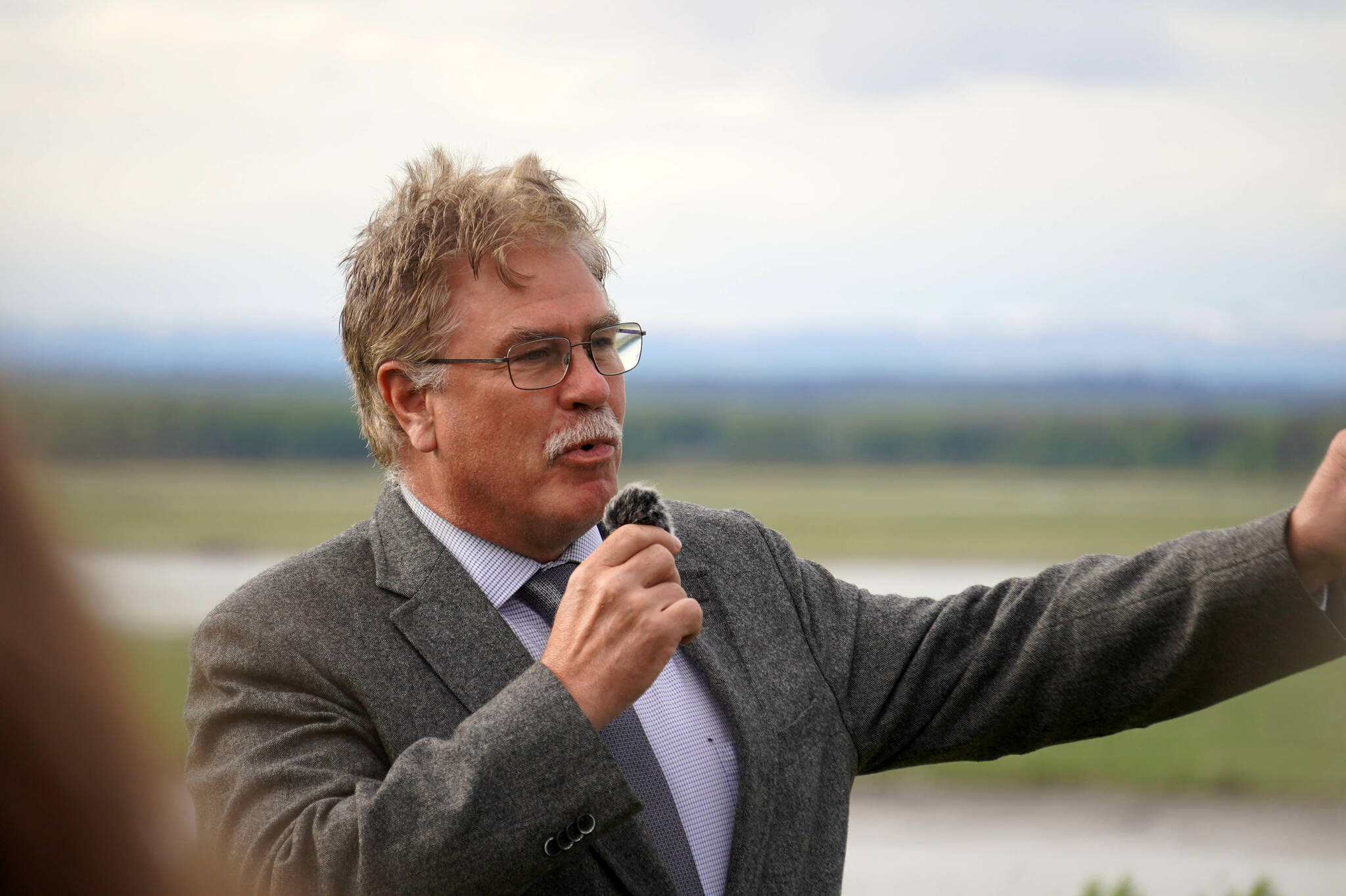 City of Kenai Mayor Brian Gabriel speaks at the ribbon cutting for the Kenai River Bluff Stabilization Project on the bluff above the Kenai River in Kenai, Alaska, on Monday, June 10, 2024. (Jake Dye/Peninsula Clarion)