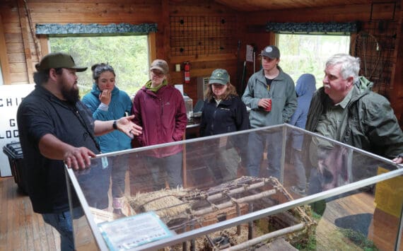 Jake Dye/Peninsula Clarion
Jonathan Wilson leads a tour at the K’beq’ Cultural Heritage Interpretive Site near Cooper Landing on Friday.