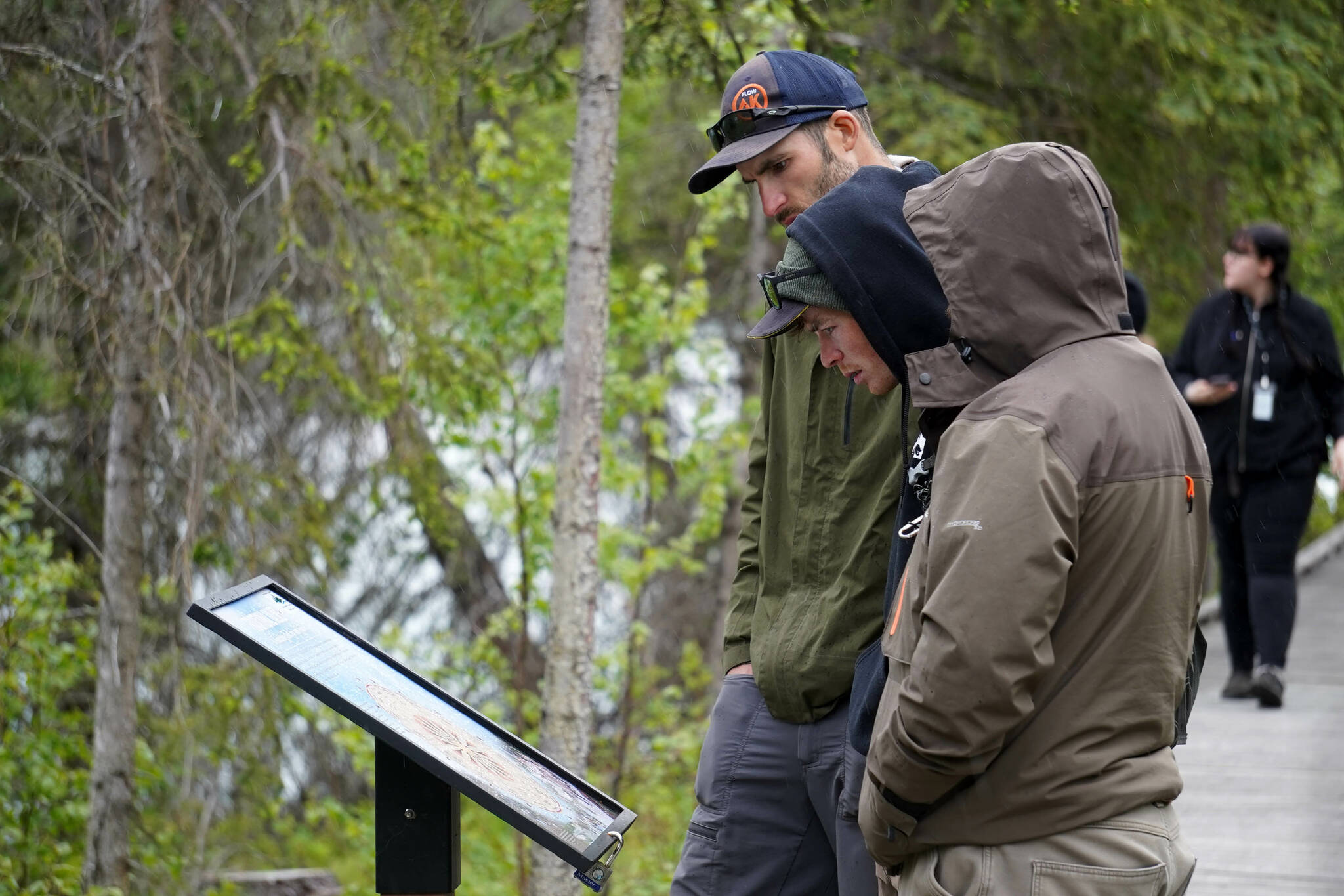 Attendees read informational displays while walking the trail during a reopening celebration for the K’beq’ Cultural Heritage Interpretive Site near Cooper Landing, Alaska, on Friday, June 7, 2024. (Jake Dye/Peninsula Clarion)