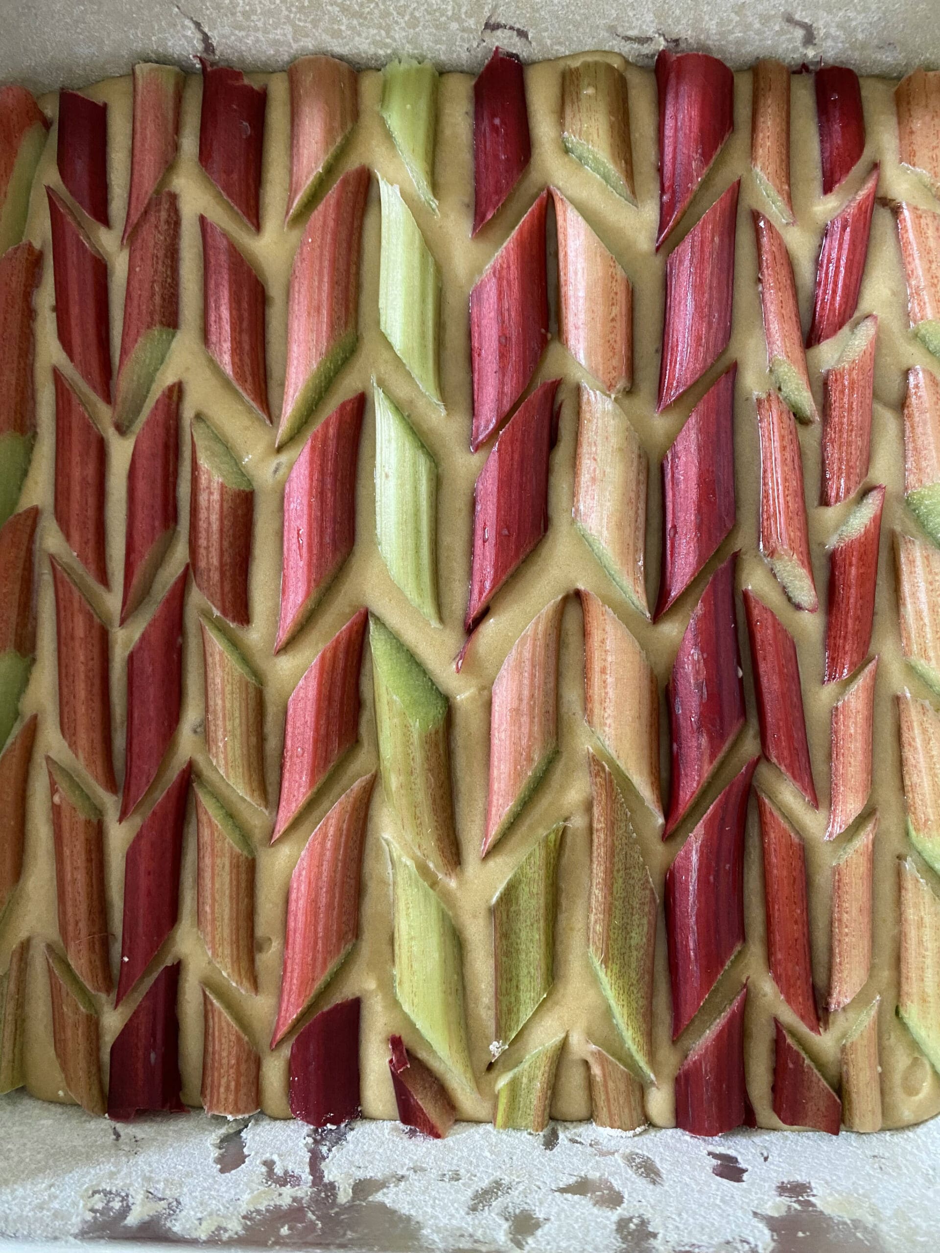 Rhubarb custard cake is ready to be baked. (Photo by Tressa Dale/Peninsula Clarion)