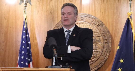 Gov. Mike Dunleavy discusses his veto of a wide-ranging education bill during a press conference March 16 at the Alaska State Capitol. (Mark Sabbatini / Juneau Empire file photo)