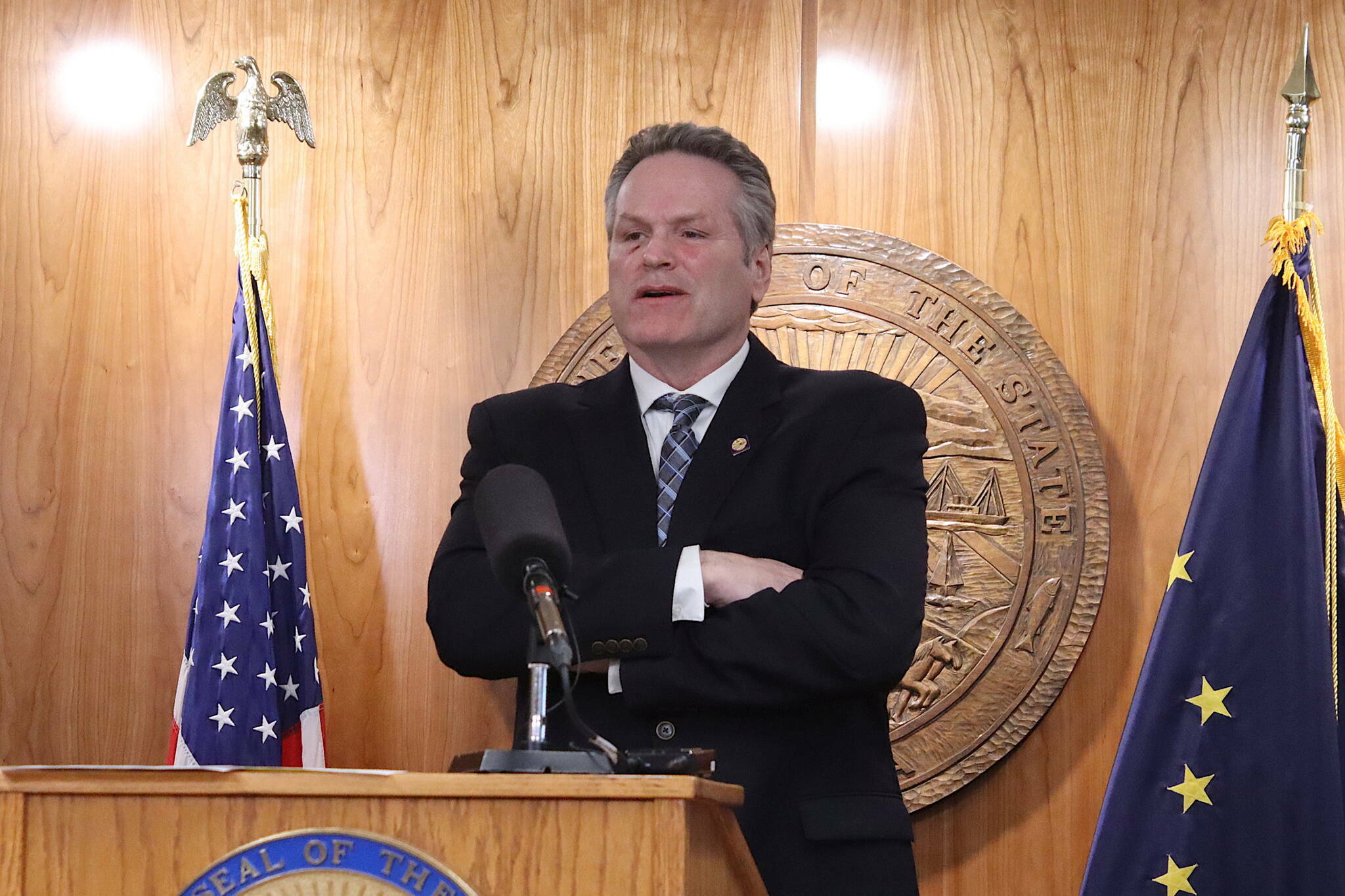 Gov. Mike Dunleavy discusses his veto of a wide-ranging education bill during a press conference March 16 at the Alaska State Capitol. (Mark Sabbatini / Juneau Empire file photo)