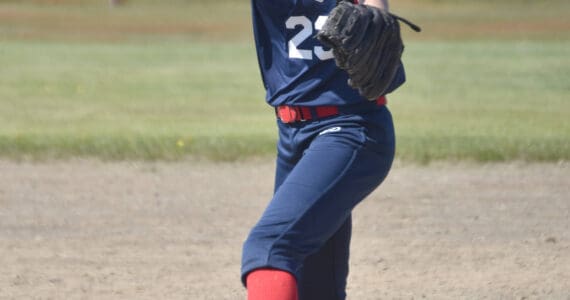 Blakeley Jorgensen of AK Riptide (U14) pitches against AK Krush (14) at the USA/Junior Olympic softball tournament at Steve Shearer Memorial Ball Park on Saturday, June 15, 2024, in Kenai, Alaska. (Photo by Jeff Helminiak/Peninsula Clarion)