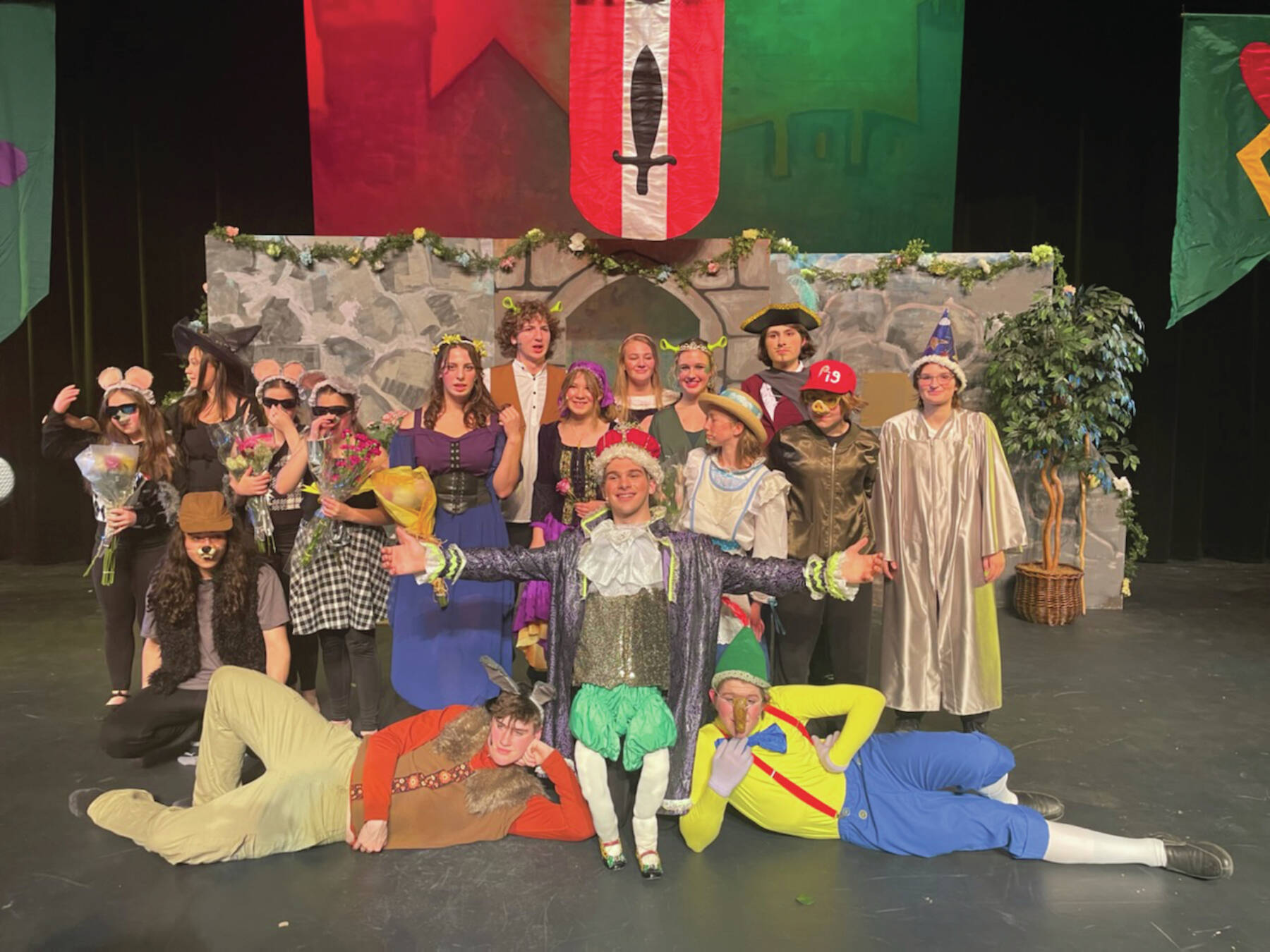 Homer students pose after their performance from the musical Shrek on Saturday after the three-day Broadway Bootcamp theater workshop with director Jim Anderson in October 2023, in Homer, Alaska. (Emilie Springer/ Homer News)