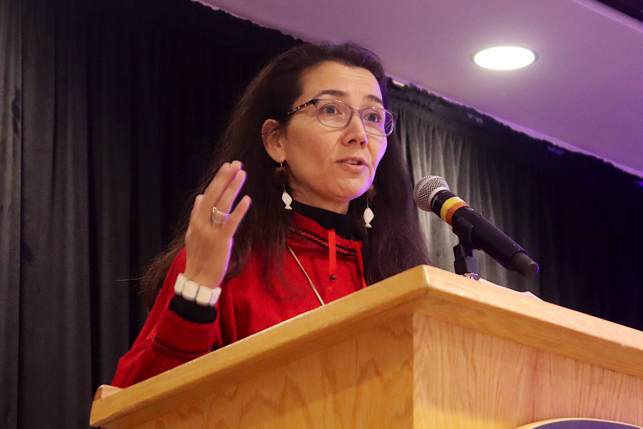 U.S. Rep. Mary Peltola, D-Alaska, speaks at the Alaska Democratic Party’s state convention on May 18 at Elizabeth Peratrovich Hall. (Mark Sabbatini / Juneau Empire file photo)