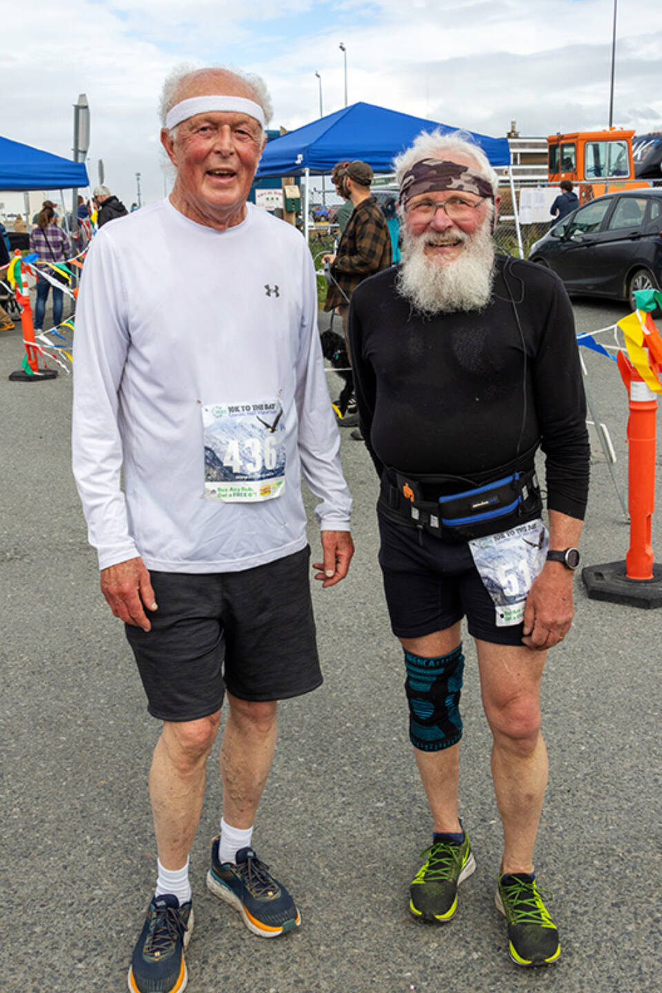 Ralph Broshes, left, and Gary Lyon complete the annual Homer Spit Run 10K to the Bay on Saturday, June 24, 2023, in Homer, Alaska. 2023 marked Broshes’ 47th consecutive race, while Lyon has completed the 10K at least a dozen times over the years, according to photographer Don Pitcher. Photo by Don Pitcher