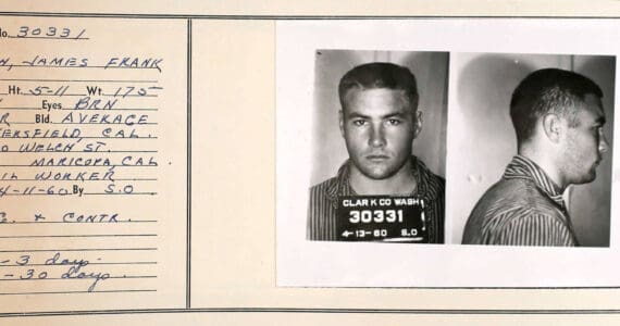 James Franklin Bush was arrested and jailed for vagrancy and contributing to the delinquency of minors in California in 1960, about a year before the murder in Soldotna of Jack Griffiths. (Public document from ancestry.com)