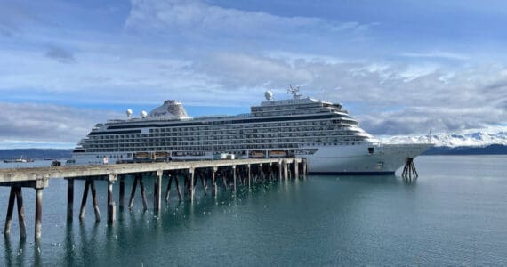 The Regent Seven Seas Explorer Cruise Ship arrives at the Deep Water Dock from Japan on Wednesday, April 24, 2024, in Homer, Alaska. (Emilie Springer/Homer News)